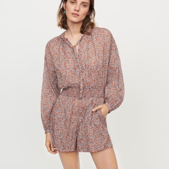 Maje Terra-cotta Combi-Short Print Long Sleeve Romper - Picture 1 of 11